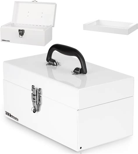 white steel storage box with latch|P.I.T. Small Tool Box, Portable Removable Tray Heavy Steel .